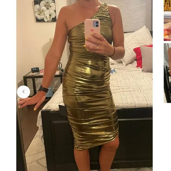 Lulus Reflections Of Style Shiny Gold One-Shoulder Bodycon Mini Dress Size XS - Picture 3 of 10